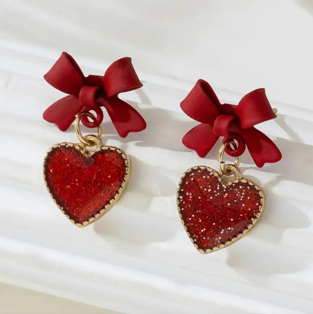 Red Heart & Bow Earrings Sparkling Alloy Gold Plated‎